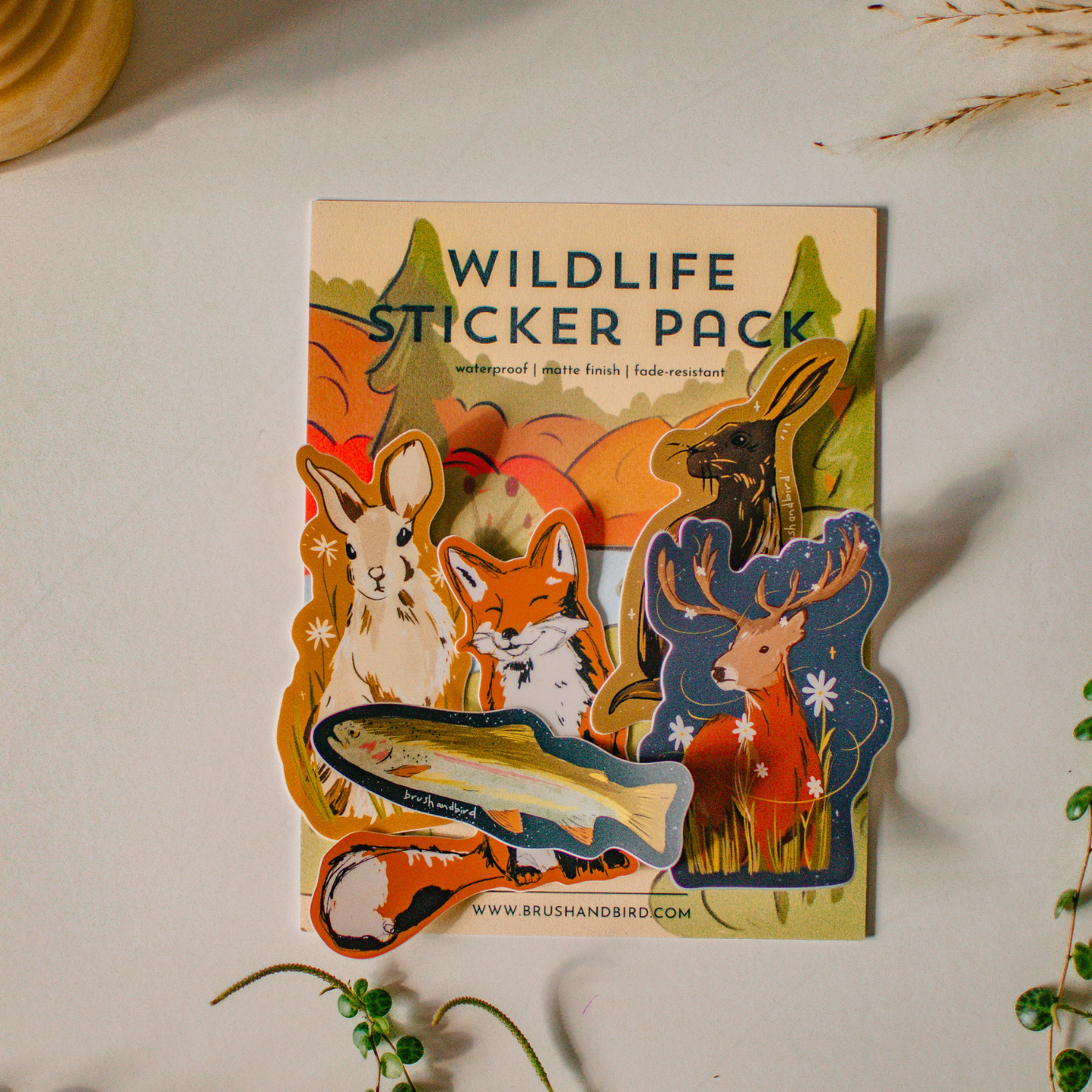 Wildlife sticker pack with animals on a beige background