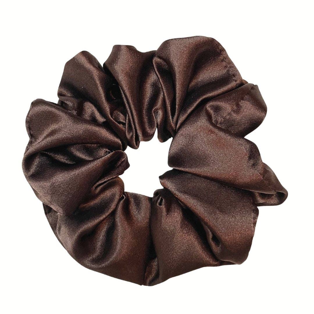 Beyond Scrunchies Espresso Mulberry Silk Scrunchie in a deep chocolate brown, with a full, voluminous gather that holds thick hair without leaving a crease. Handmade in Canada.