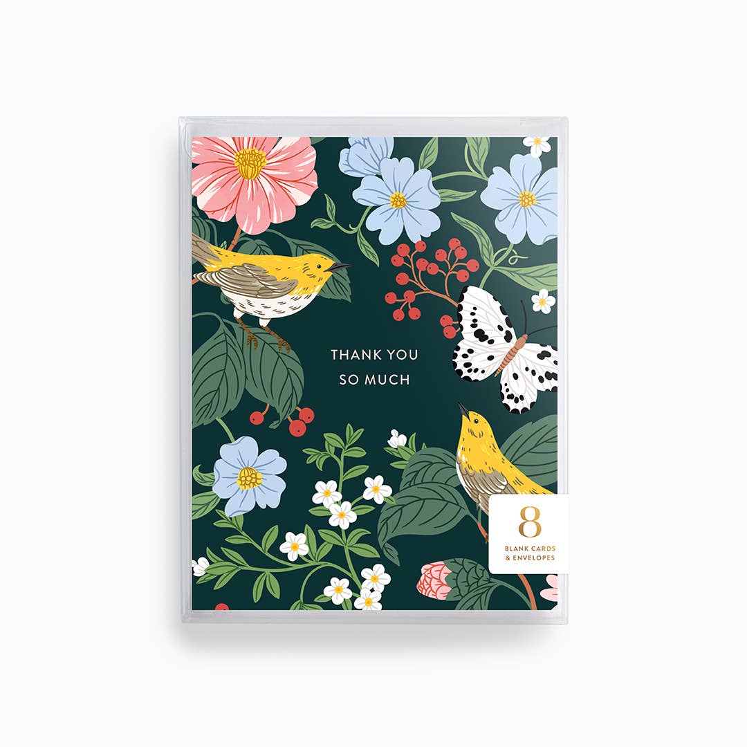 Linden Paper Co. Thank You Warblers boxed greeting card set, featuring illustrated yellow warblers, a spotted butterfly, and lush botanicals on a deep teal background, packaged in a clear box with 8 blank cards and envelopes. Made in Canada.