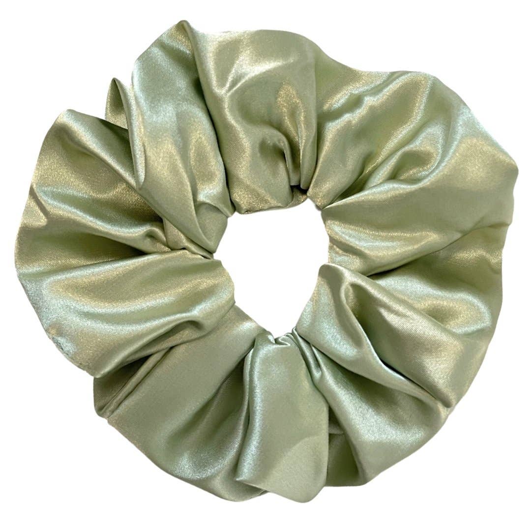 Beyond Scrunchies Sage Mulberry Silk Scrunchie in a soft sage green with a luminous sheen, oversized and gathered for a gentle, frizz-free hold overnight. Handmade in Canada.
