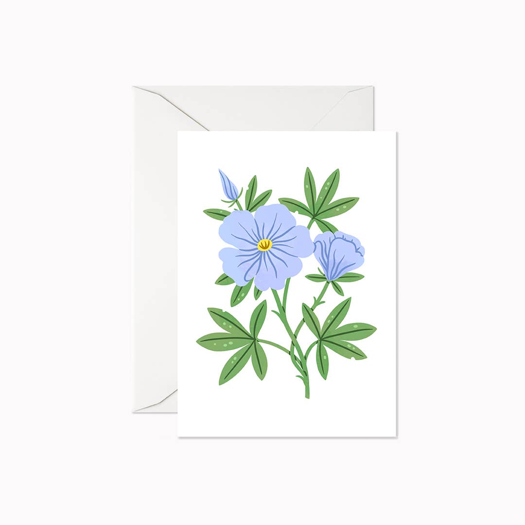 Linden Paper Co. Blue Wildflower Mini Card with a periwinkle botanical illustration on a white card, shown with a white envelope — a sweet gift enclosure card for any occasion. Made in Canada.