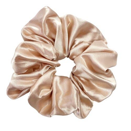 Beyond Scrunchies Champagne Mulberry Silk Scrunchie in a warm golden ivory with a soft satin sheen, oversized and ideal for a crease-free updo. Handmade in Canada.