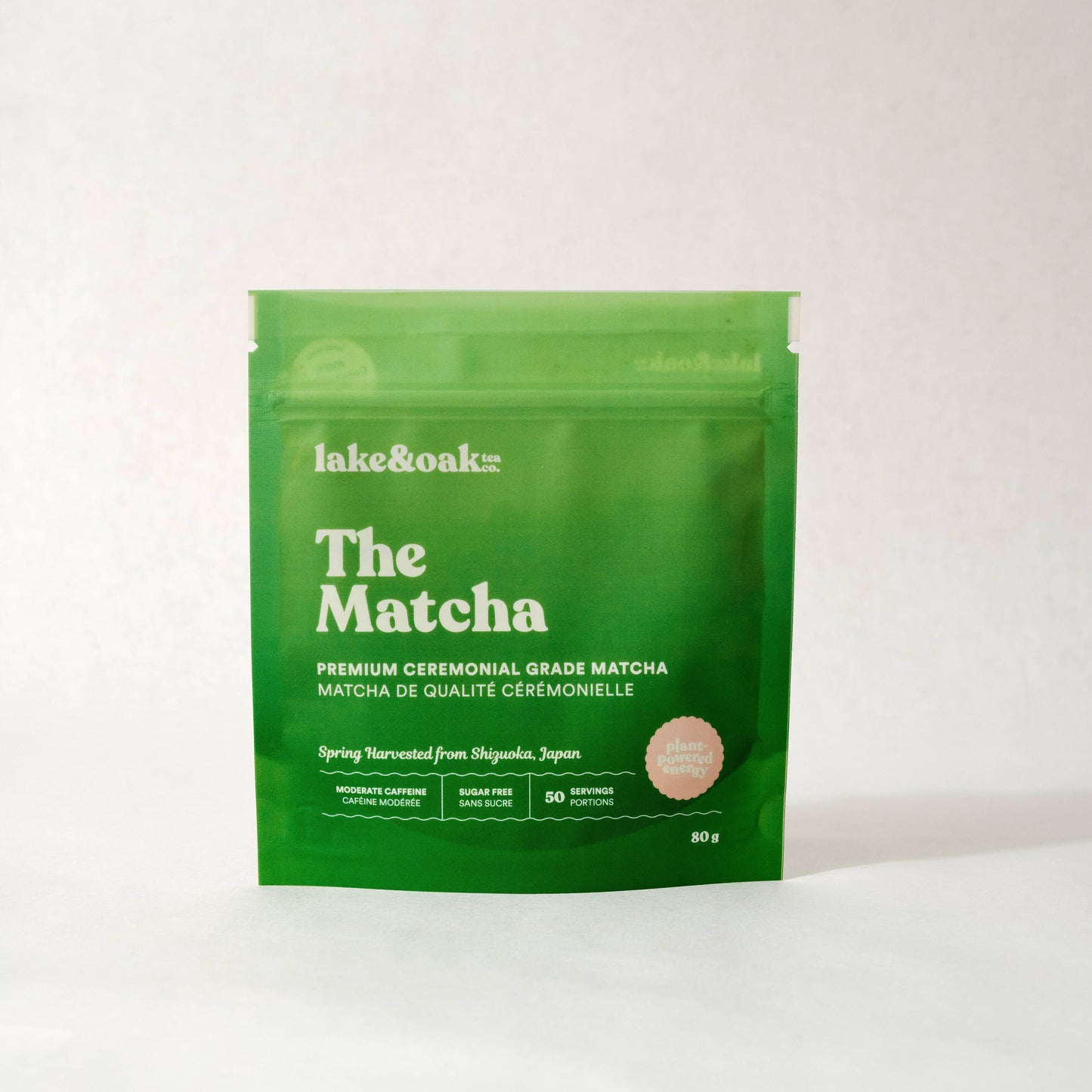 Lake & Oak The Matcha pouch in deep green resealable packaging against a clean white background, showcasing its premium ceremonial grade quality.  Sourced in Japan.