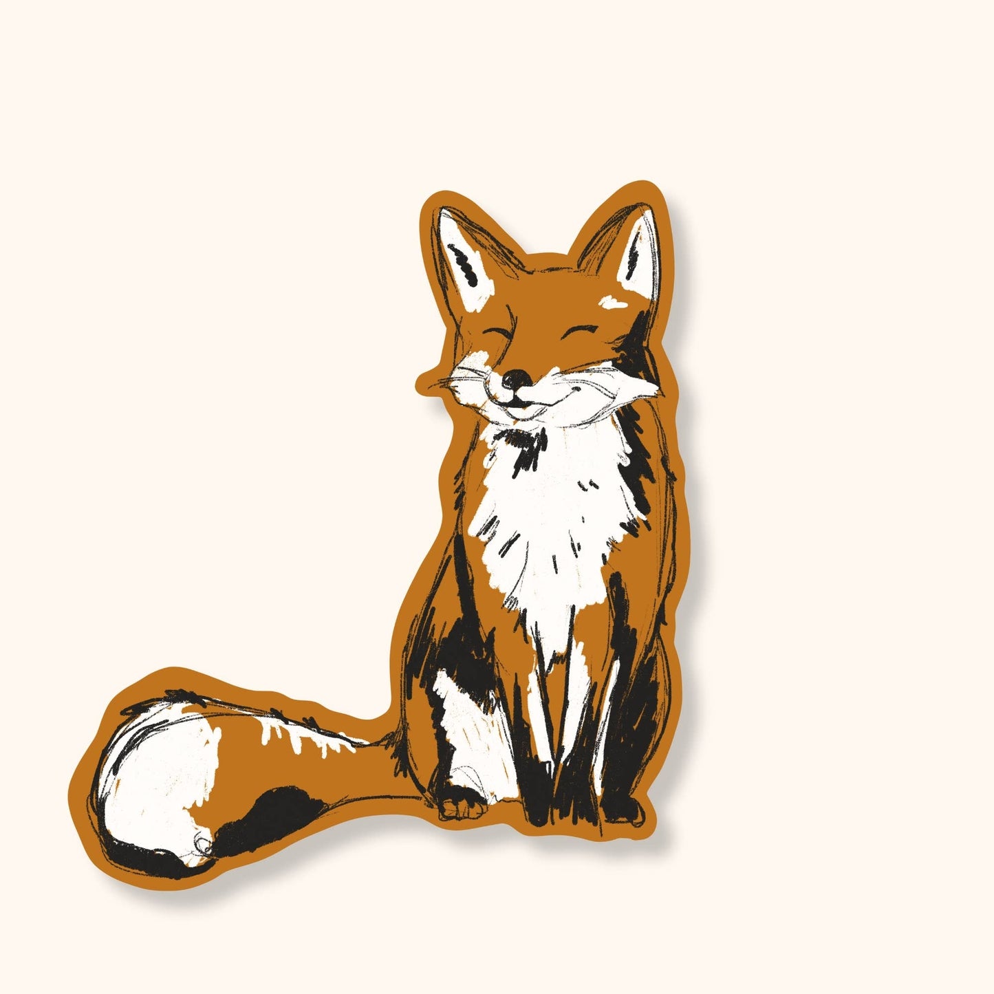 Brush & Bird's Smiling Fox die-cut sticker featuring a content, eyes-closed red fox with a white chest and curled tail in a loose ink-style illustration on a warm amber background — a charming woodland sticker for fox lovers and nature-themed collections.