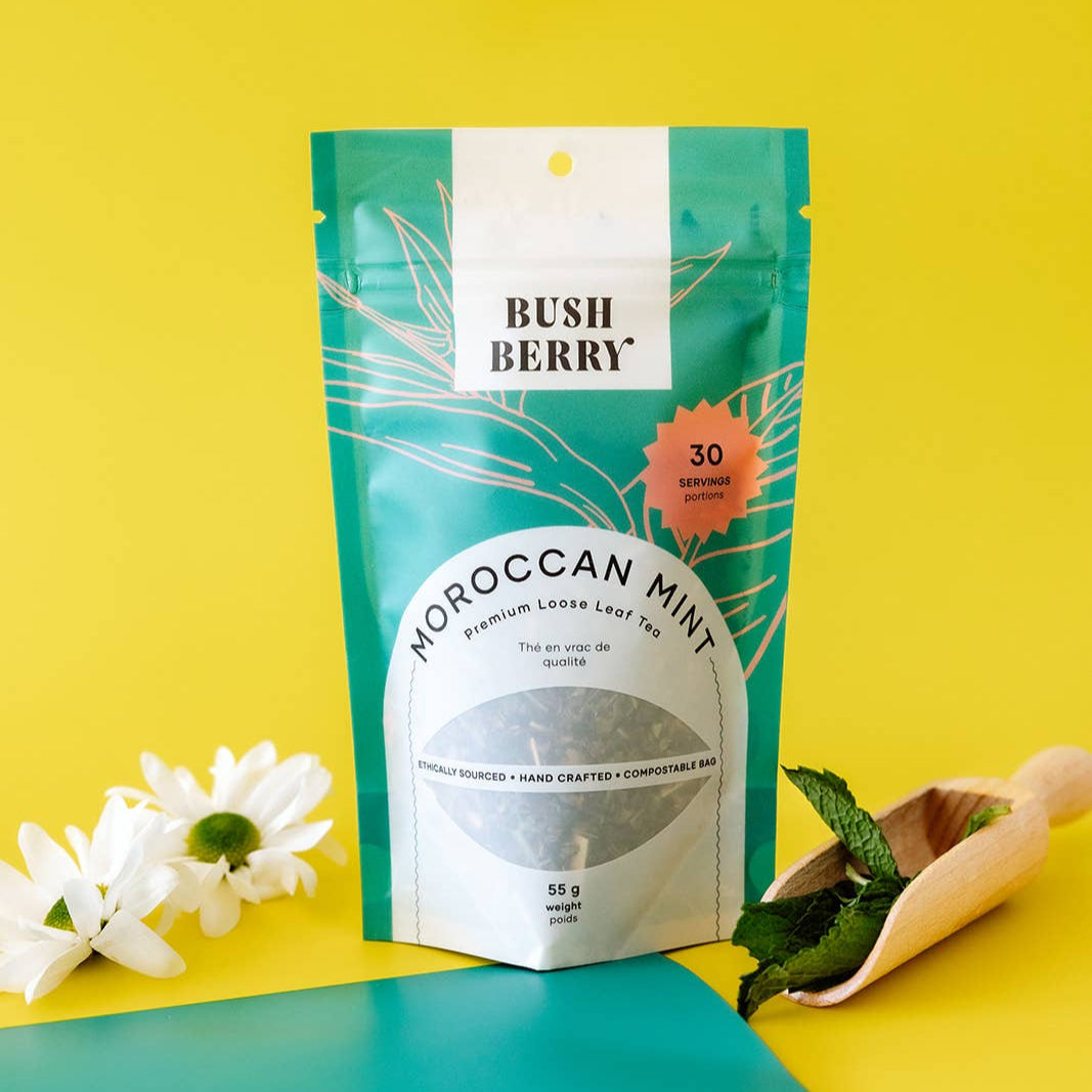Tea package labeled 'Moroccan Mint' with a yellow background