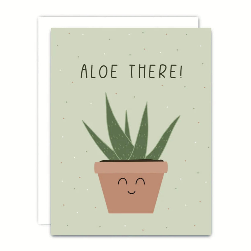 Greeting card with a potted aloe vera plant and text 'ALOE THERE!' on a light green background.