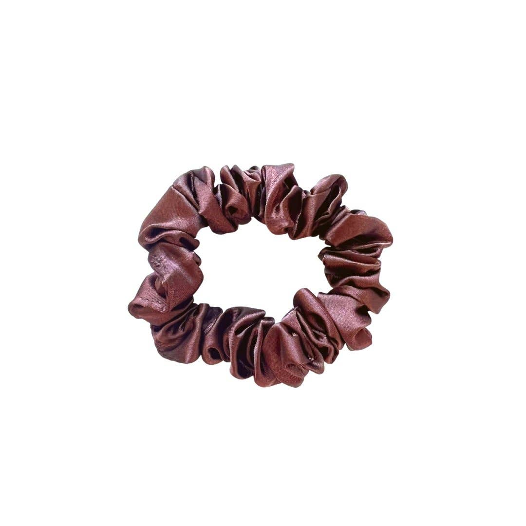 Beyond Scrunchies Espresso Silk Skinny Scrunchie in a deep brown mulberry silk, styled flat to show its slim, crease-free profile. Handmade in Canada.