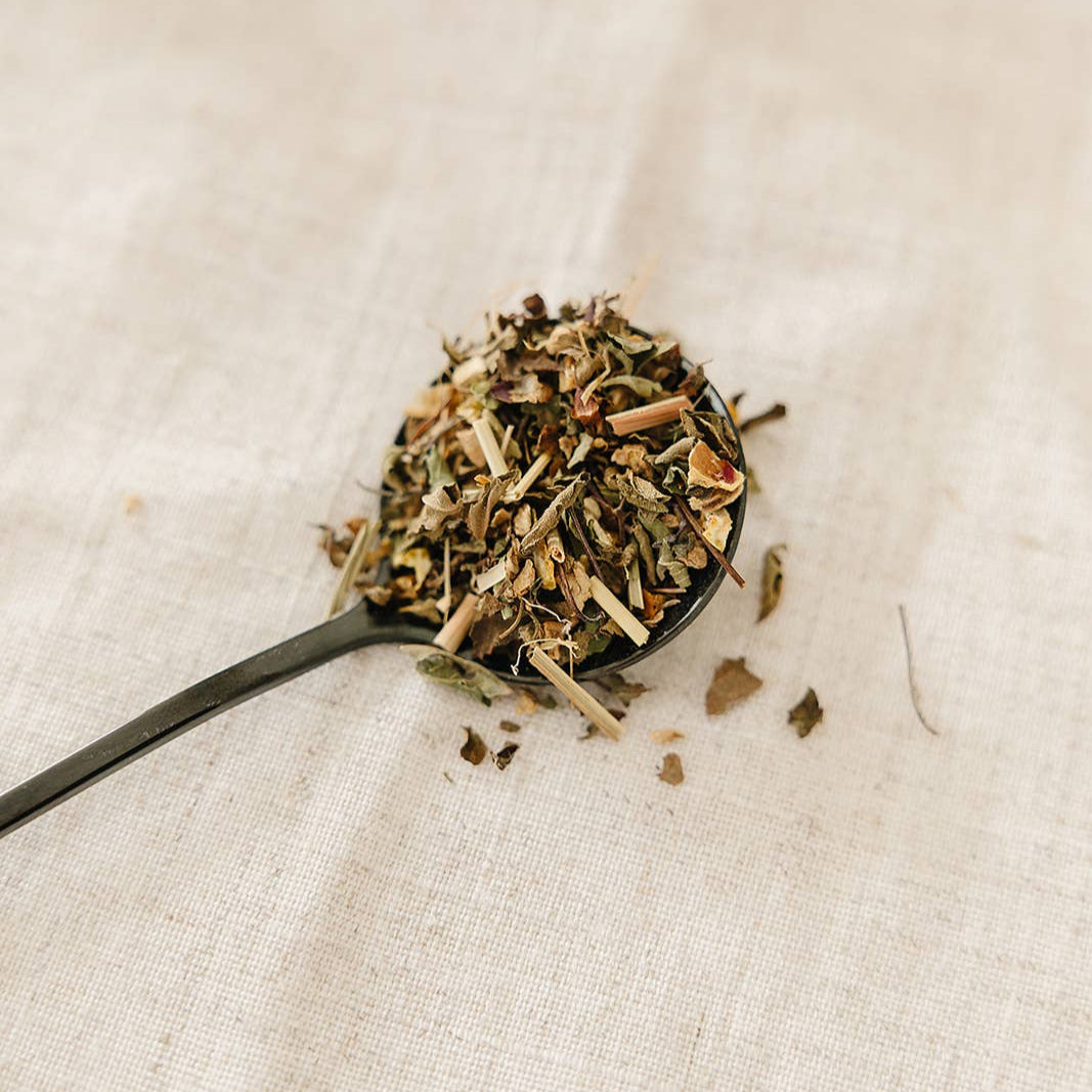Spoonful of dried herbs on a textured beige surface