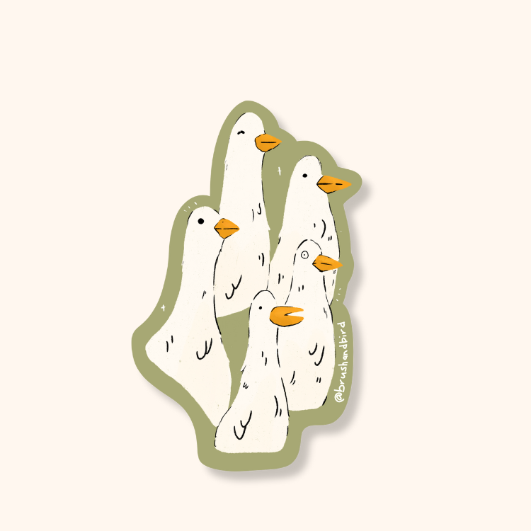 Brush & Bird's Duck Group die-cut sticker featuring a cluster of five illustrated white ducks with orange beaks on a sage green background — a quirky, feel-good sticker for duck lovers.