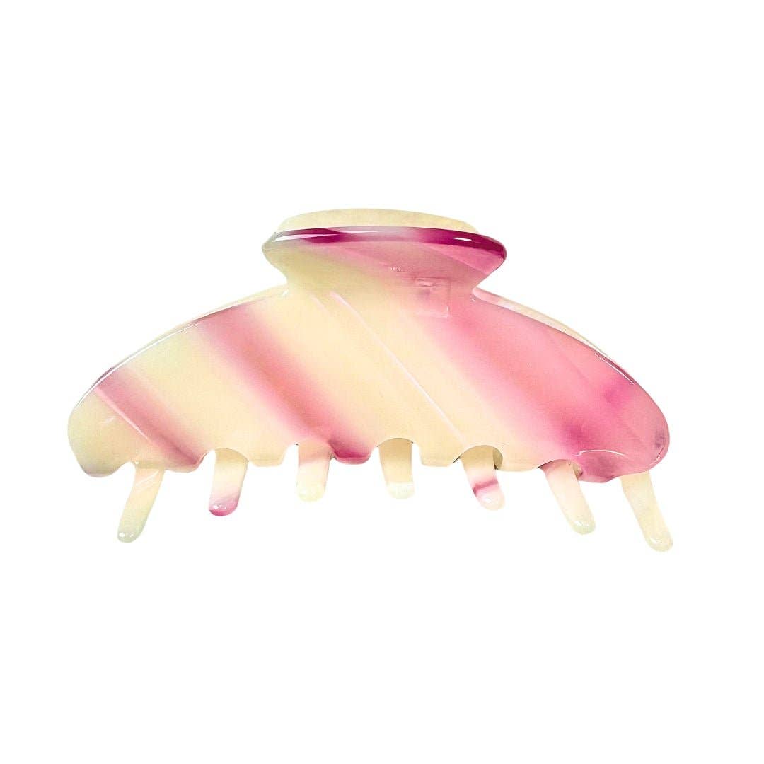 Beyond Scrunchies Cherry Blossom Rounded Claw Clip in a swirled pink and cream cellulose acetate, with a wide rounded body suited for fine to thick hair. Made in Canada.