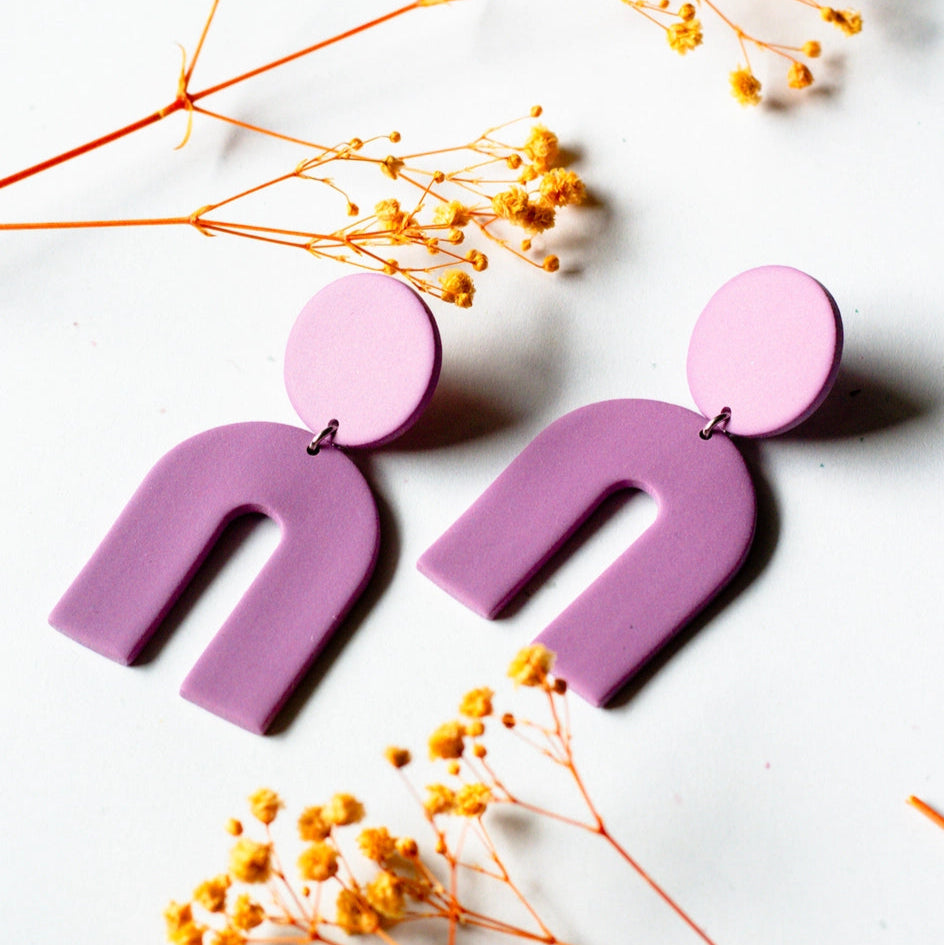 dusty mauve ploymer clay arched earrings