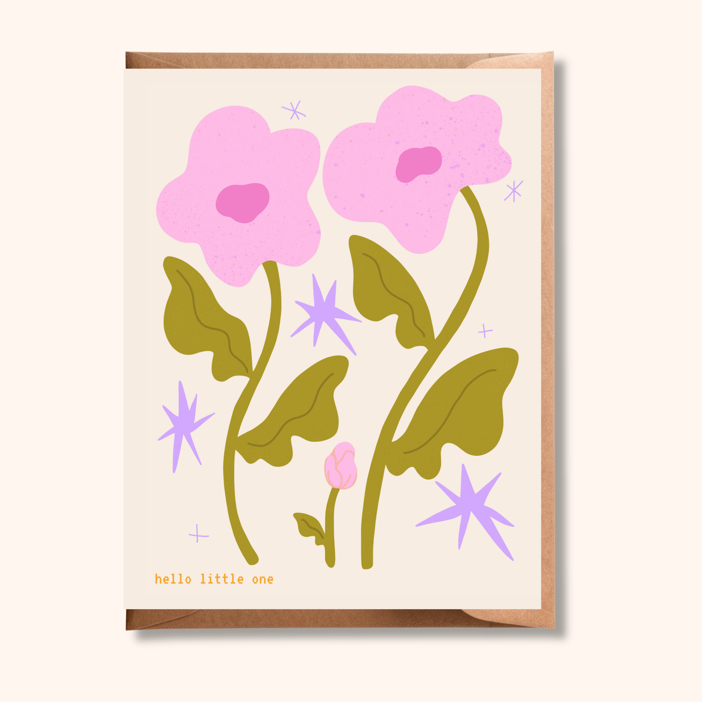 Brush & Bird's "Hello Little One" new baby greeting card featuring bold pink blooms, olive green stems, and lavender star accents on a cream background, tucked into a rose gold envelope — a sweet new arrival gift card.