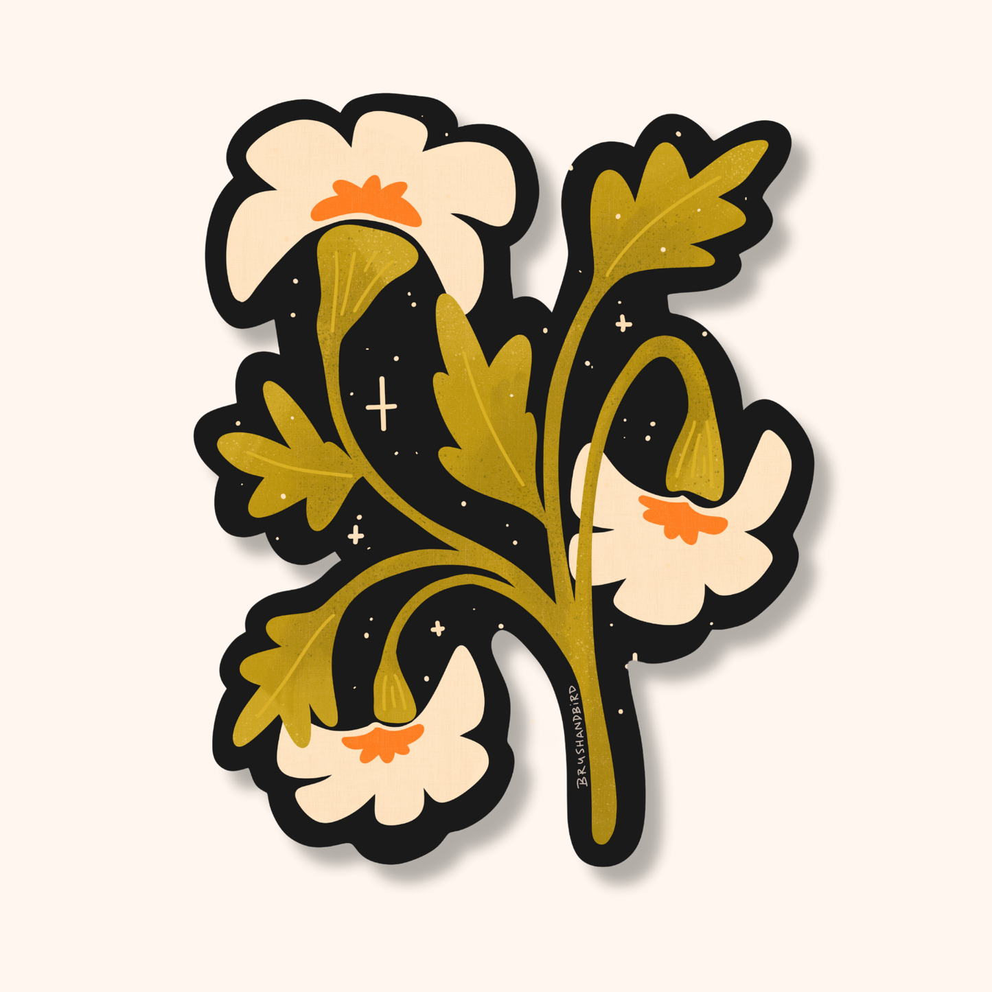 Brush & Bird's White Wildflower die-cut sticker featuring cream blooms, olive green leaves, and orange centres against a deep black background with scattered star details — a moody botanical sticker for dark aesthetic collections.