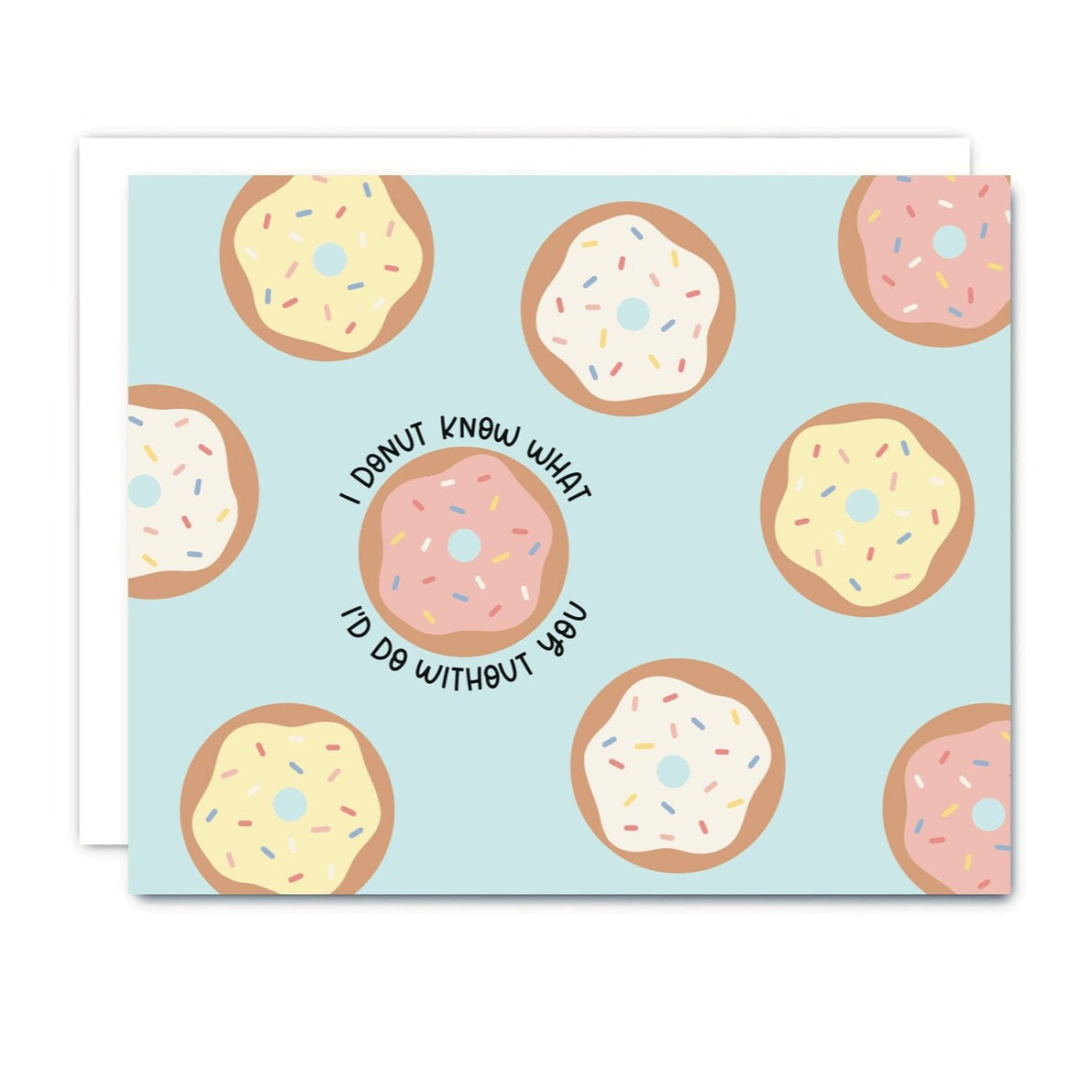 Greeting card with a pattern of donuts on a blue background and a humorous message in the center.