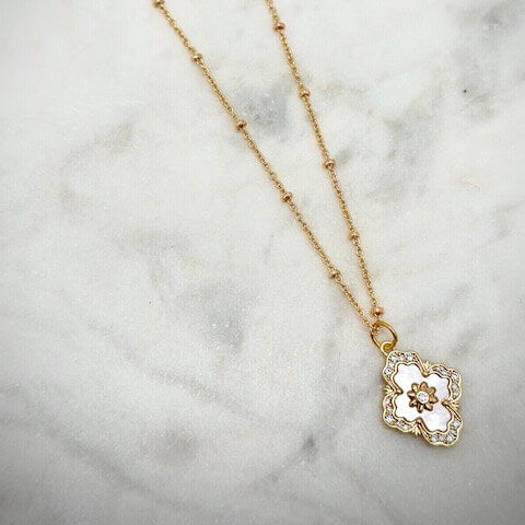 Evangeline Gold Plated Necklace with vintage style charm. The chain has a lovey bead detailing to add interest. Assembled in Alberta, Canada by Bec Design