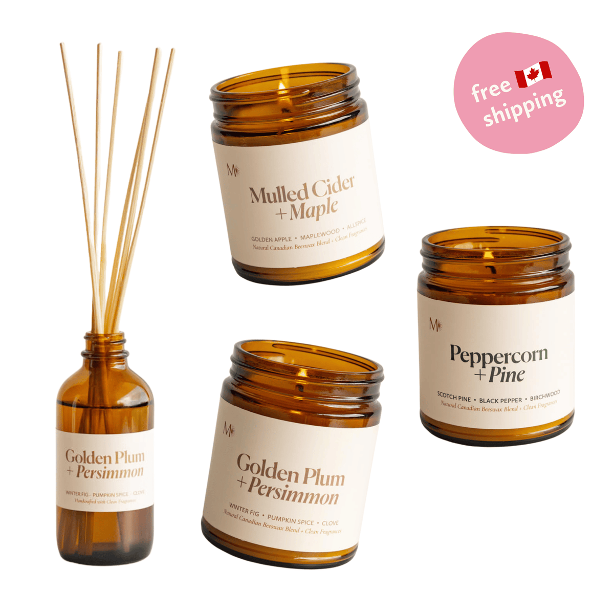 Cozy Fall scent bundle of three candle scents and one reed diffuser, made in Edmonton by Misiyo Candle Co. Four amber glass diffuser bottles with white labels on a white background: a reed diffuser bottle on the left and three candle jars on the right. A pink circle in the top right says 'free shipping' with a Canadian flag icon.
