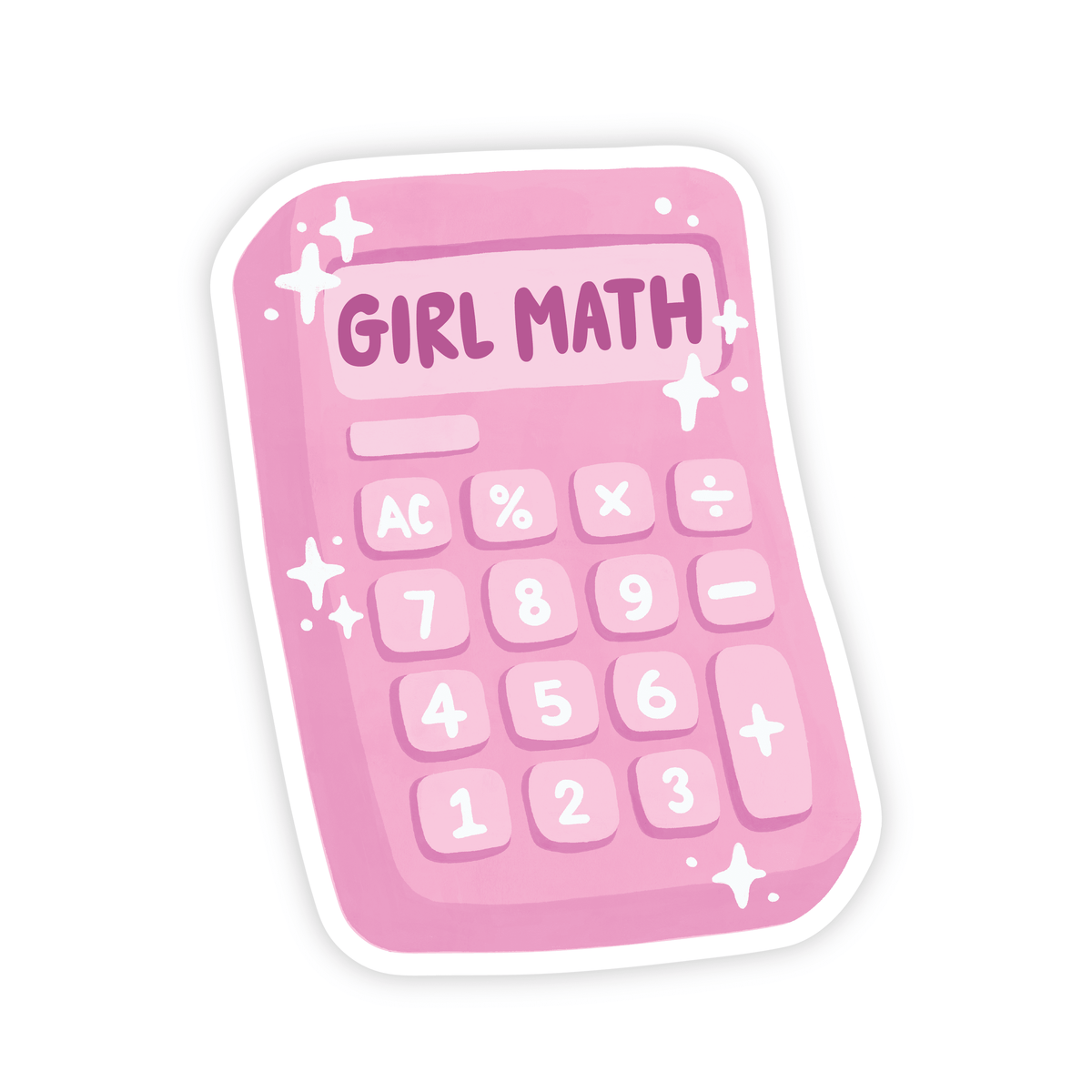 Simple Whimsy Girl Math Calculator vinyl sticker featuring a sparkly pink illustrated calculator on a white background.