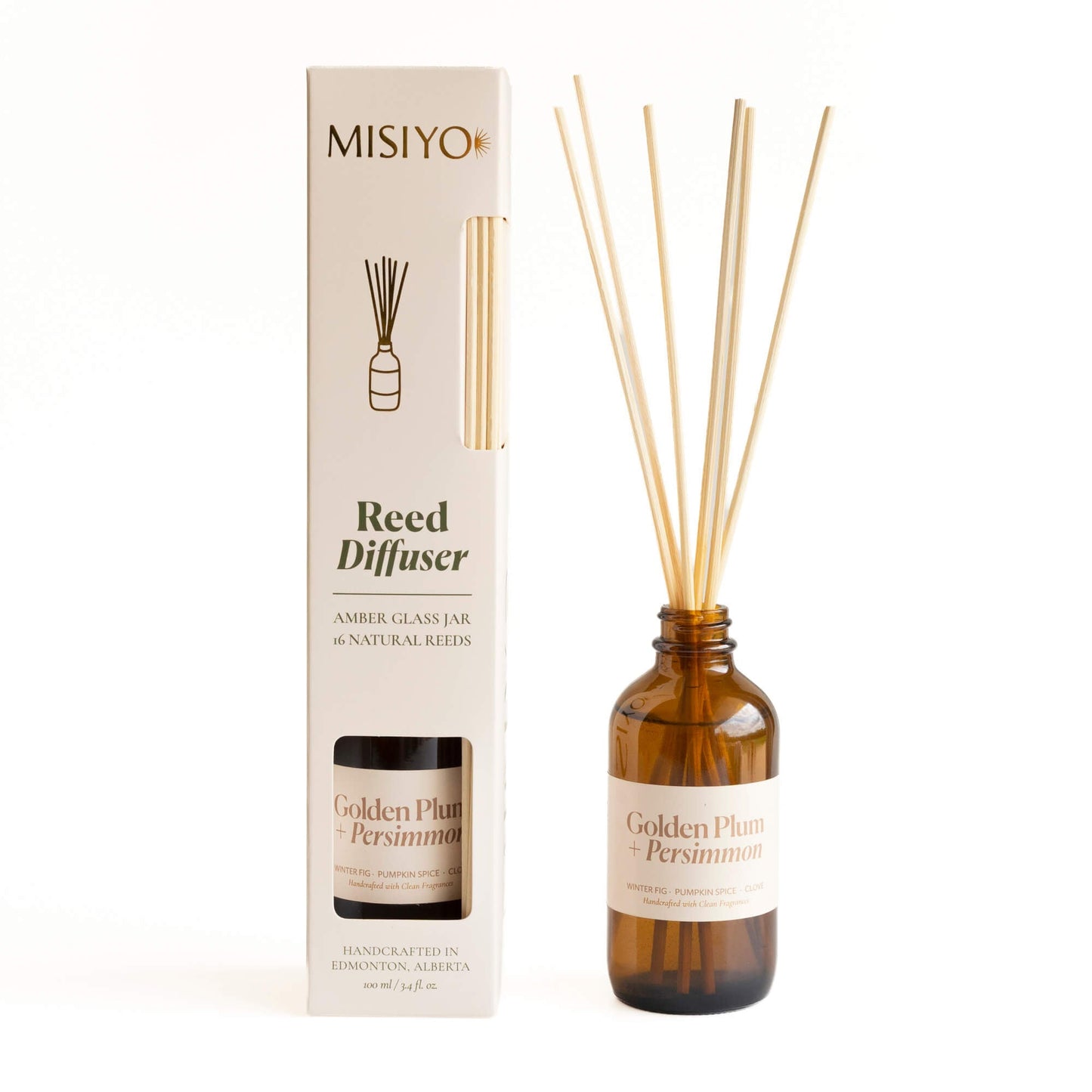 Golden Plum + Persimmon Reed Diffuser with packaging. Easy, continuous fragrance for your home.