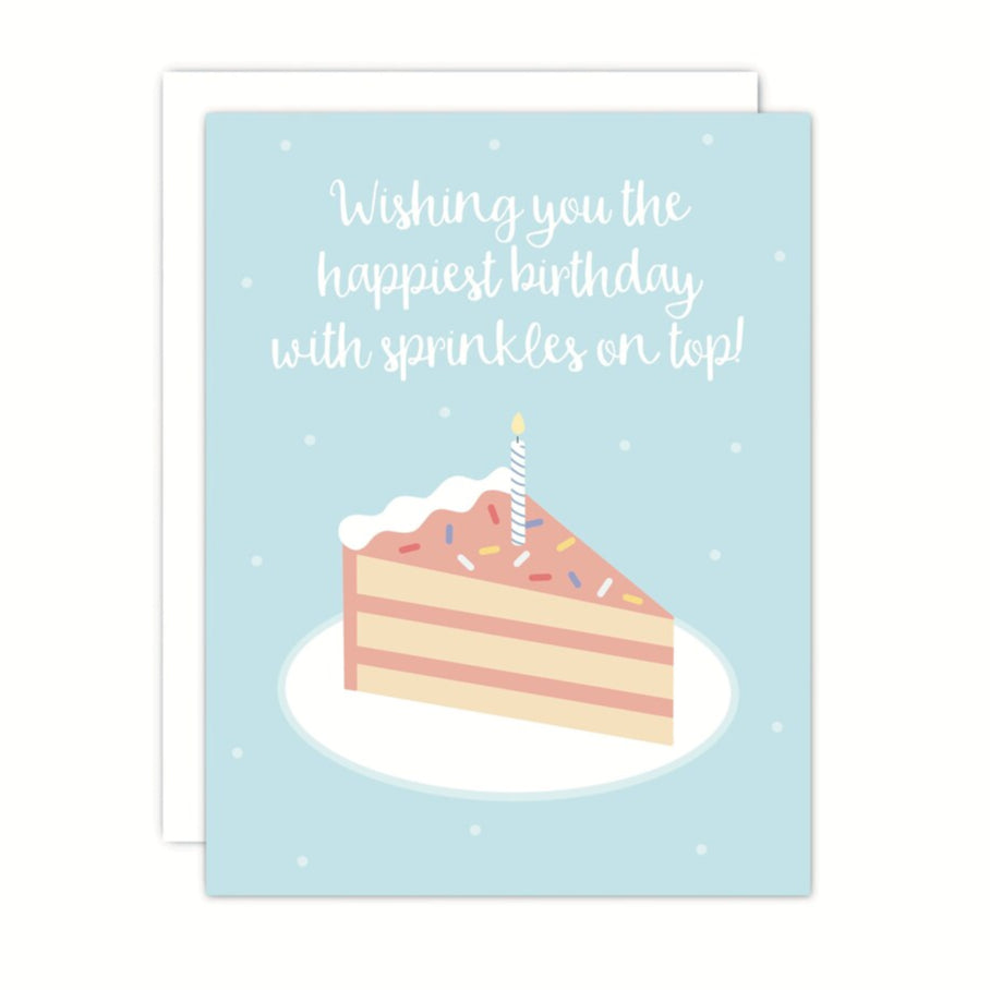 Birthday card with a slice of cake and a candle on a light blue background