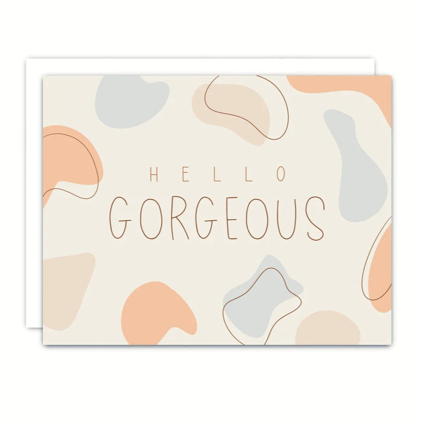 Card with abstract shapes and 'Hello Gorgeous' text on a white background