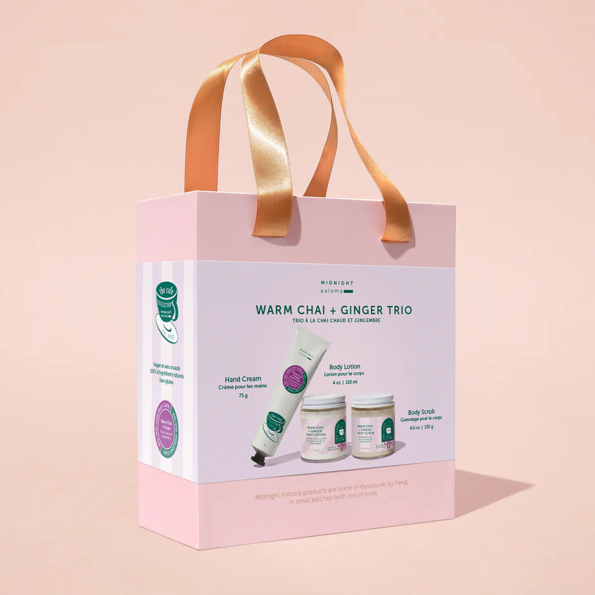 Gift set packaging with 'Warm Chai & Ginger Trio' on a pink background