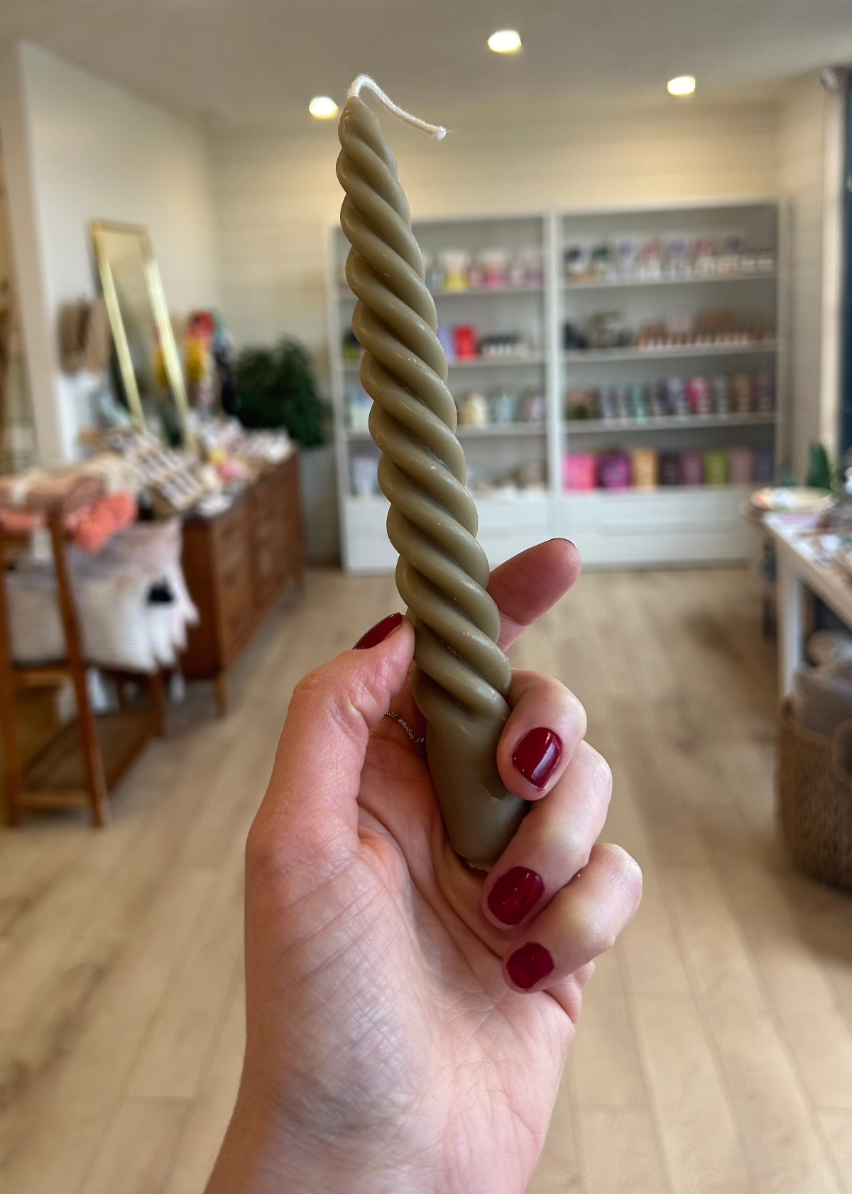 khaki tight spiral beeswax taper candle