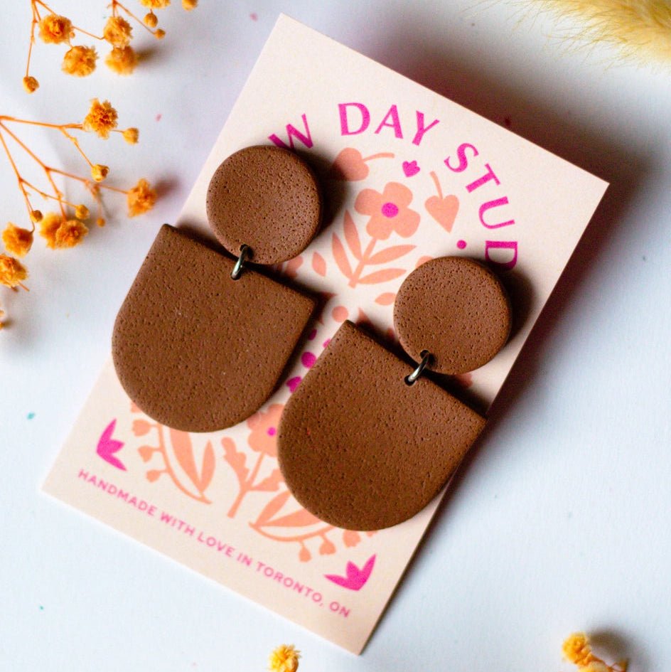Medium Brown Textured Small Dome Dangle Earrings - EarringsSlow Day StudiosMisiyo Candle Co