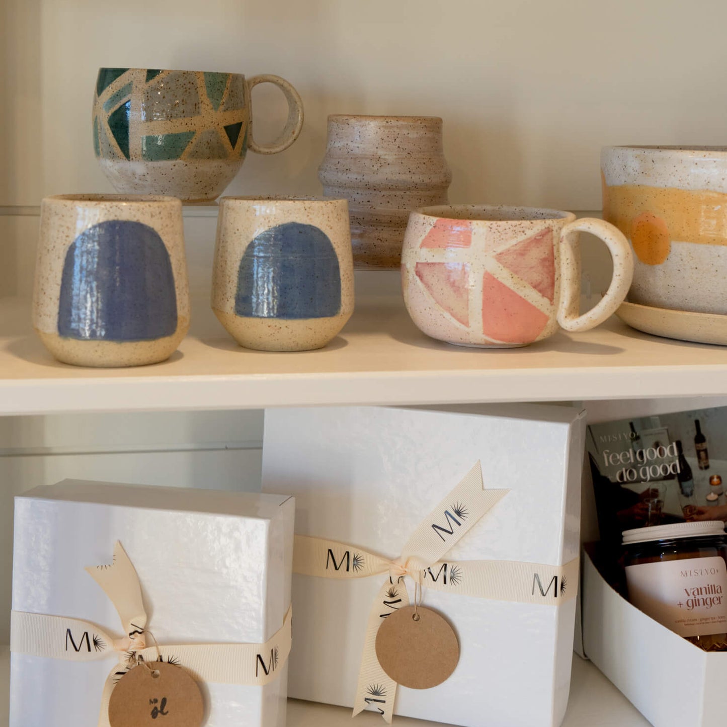 Edmonton made pottery and local gift boxes on the store shelves at Misiyo Slow Living