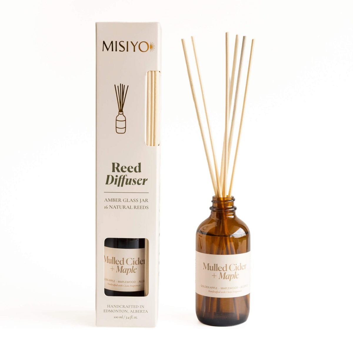 Misiyo Mulled Cider + Maple reed diffuser set — amber glass jar with natural reeds beside pachaging, handcrafted in Edmonton, Alberta