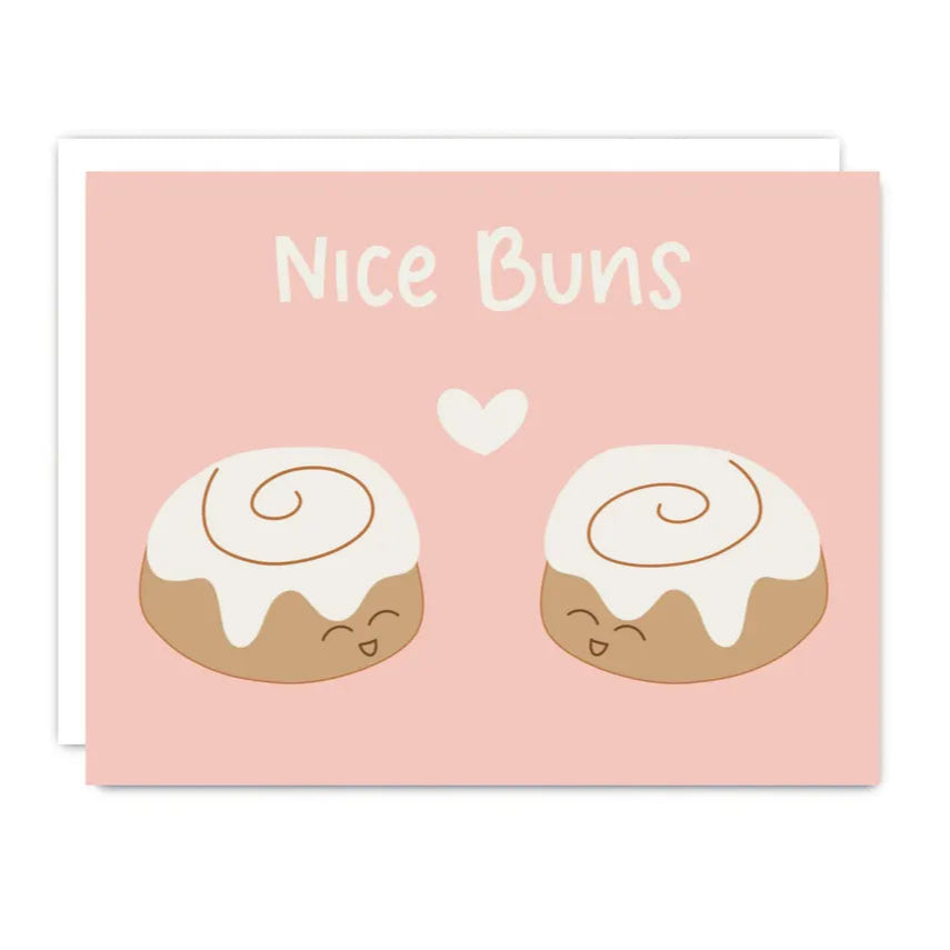 Card with illustrations of buns and text 'Nice Buns' on a pink background