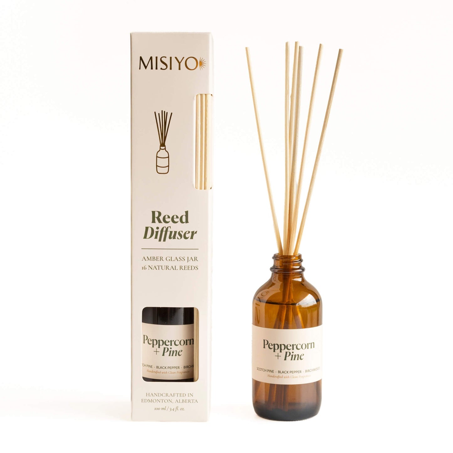 Misiyo Peppercorn + Pine reed diffuser set — amber glass jar with 16 natural reeds and gift box, woodsy fall & holiday home fragrance, handcrafted in Edmonton, Alberta