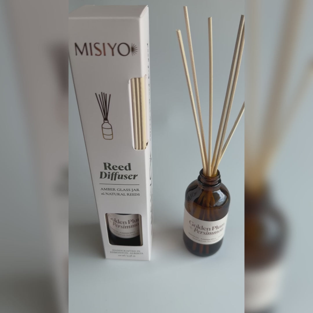 A video showing the reed diffuser packaging and product. Showing all angles of the box and also touching the reeds to show the scale of the product. Small batch handmade in Edmonton, AB by Misiyo