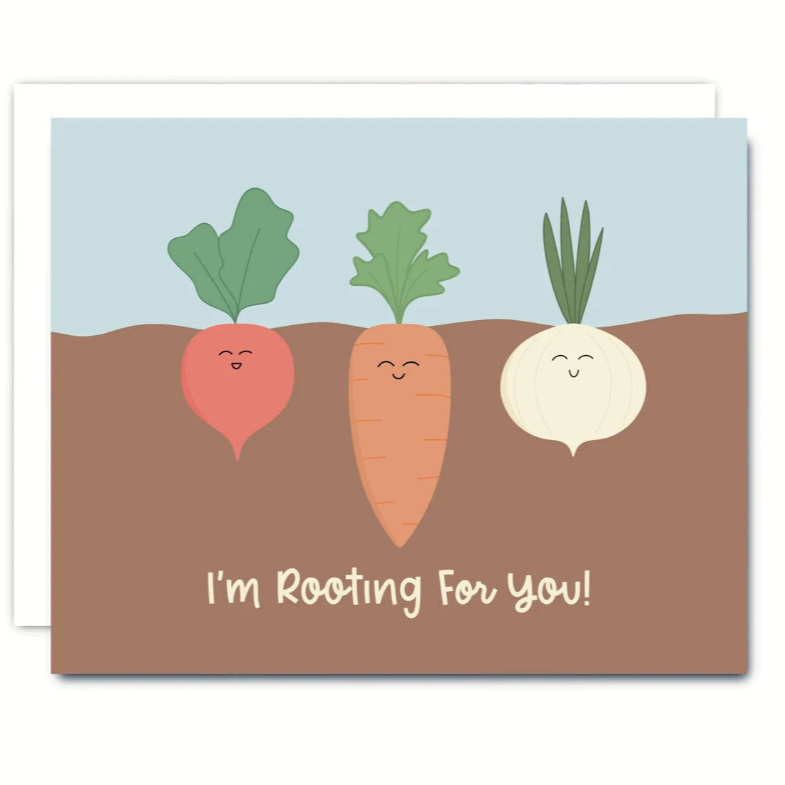 Card with cartoon radish, carrot, and onion with 'I'm Rooting For You!' text on a blue and brown background.