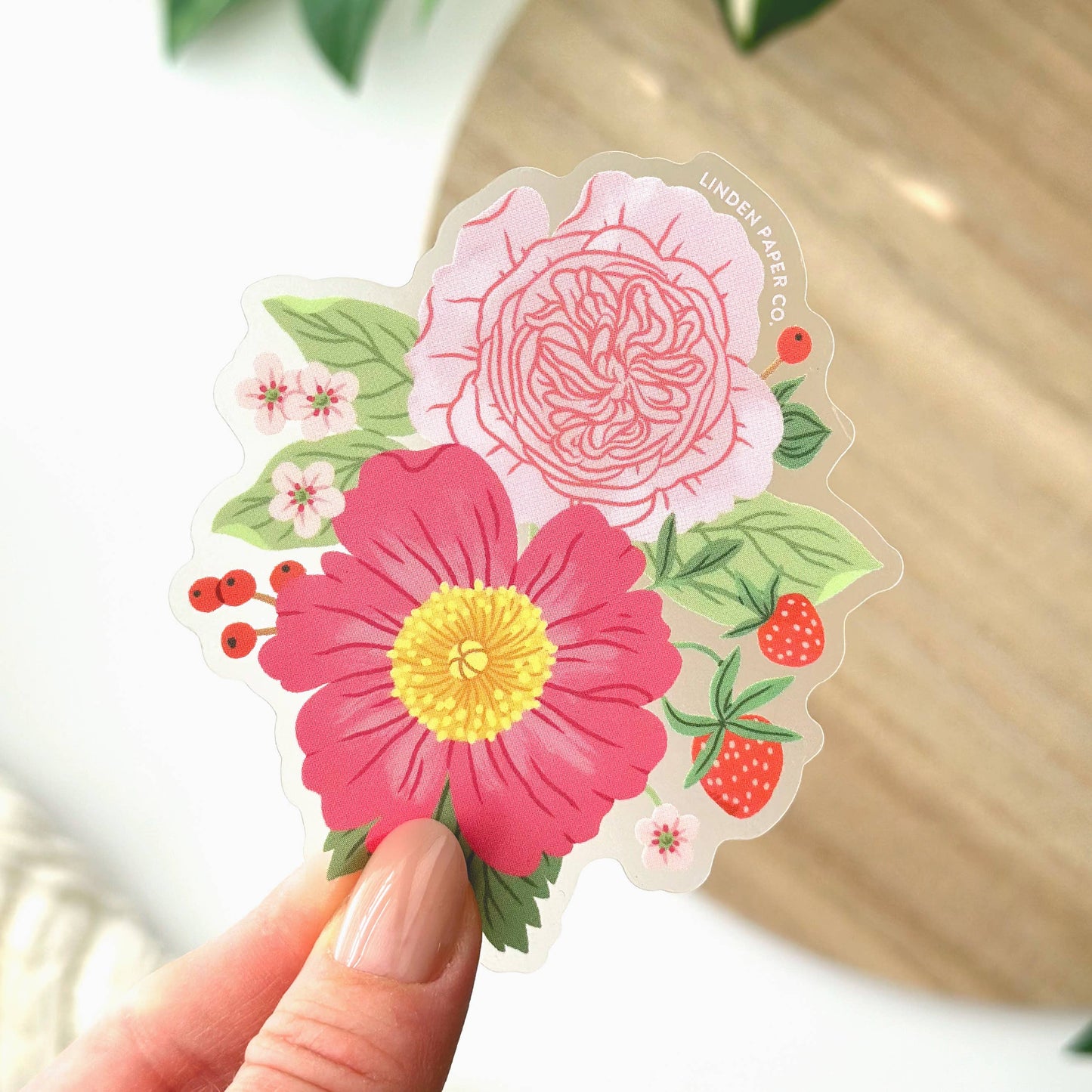 Strawberries and Peonies Floral | Clear Vinyl Sticker - StickersLinden Paper Co.STK07Misiyo Candle Co