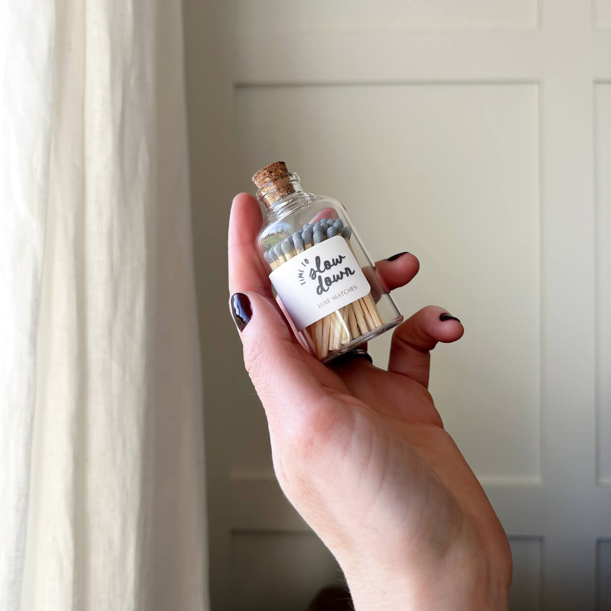 "Time To Slow Down" wooden matches in a cute mini glass bottle. Made by Misiyo Candle Co in Edmonton, Alberta
