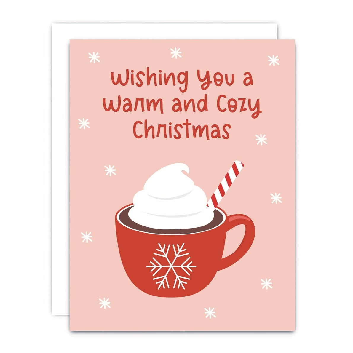 A greeting card with a pink background, featuring an illustration of a mug with marshmallows, cocoa, and snowflakes, along with the text 'Wishing you a Warm and Cozy Christmas'.